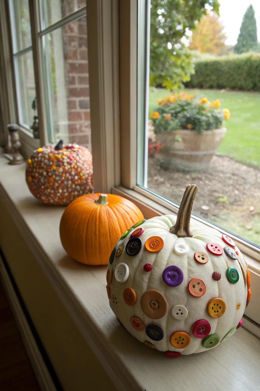 Pumpkins styled with colorful beads.