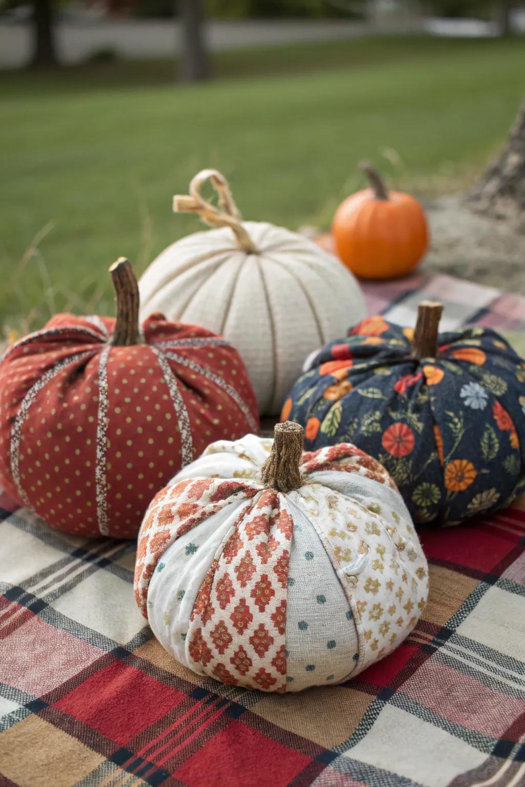 Fabric-covered pumpkins offer a cozy, textured appeal.