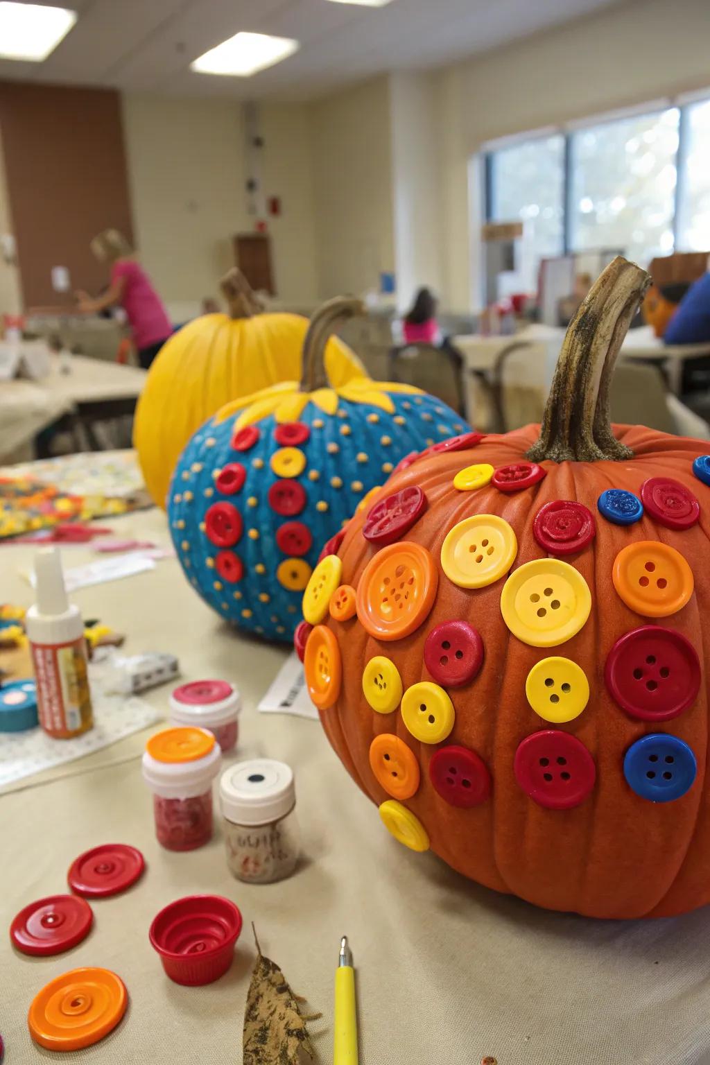 Pumpkins embellished with a rainbow of buttons.