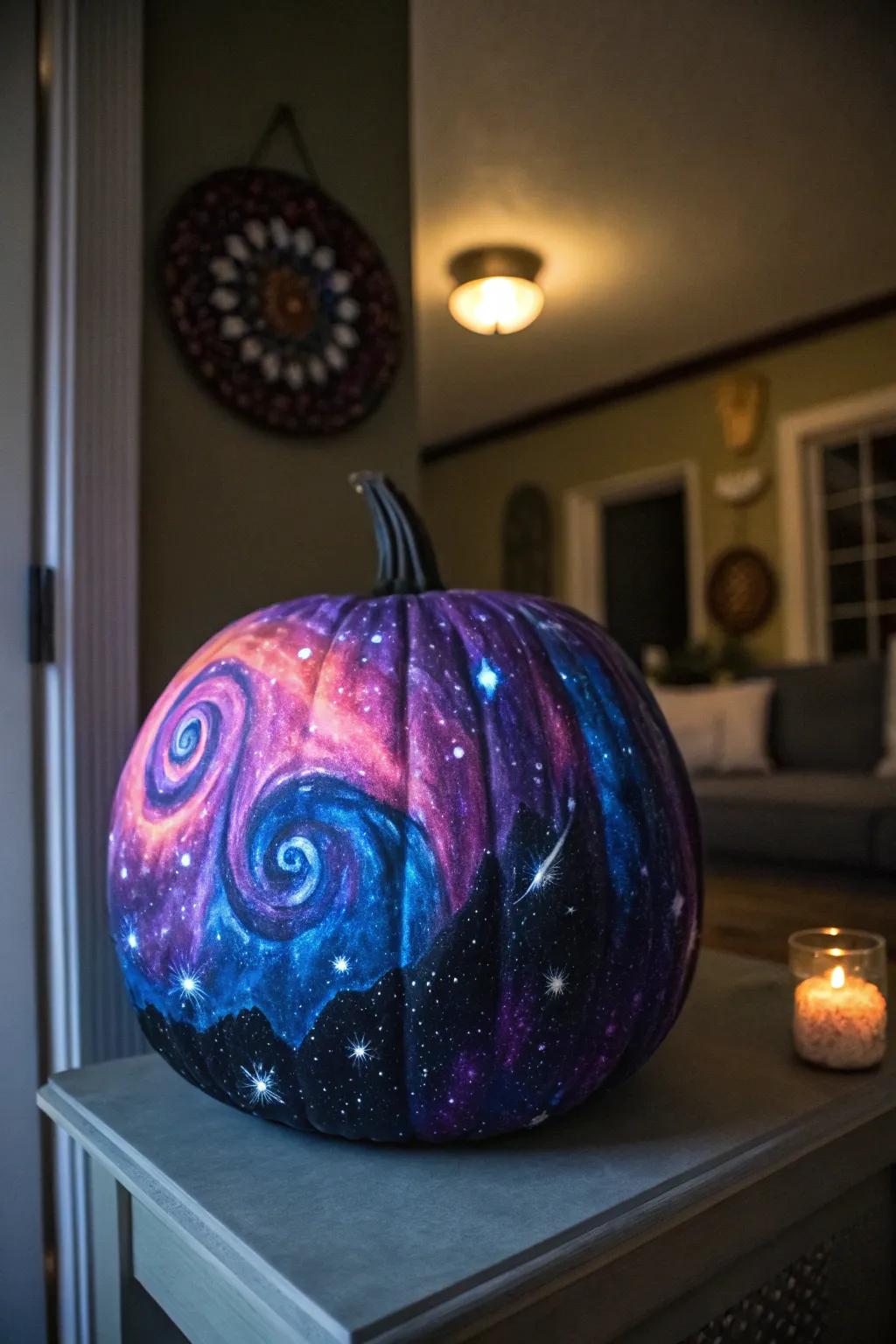 Transform your pumpkin into a miniature universe with galactic designs.