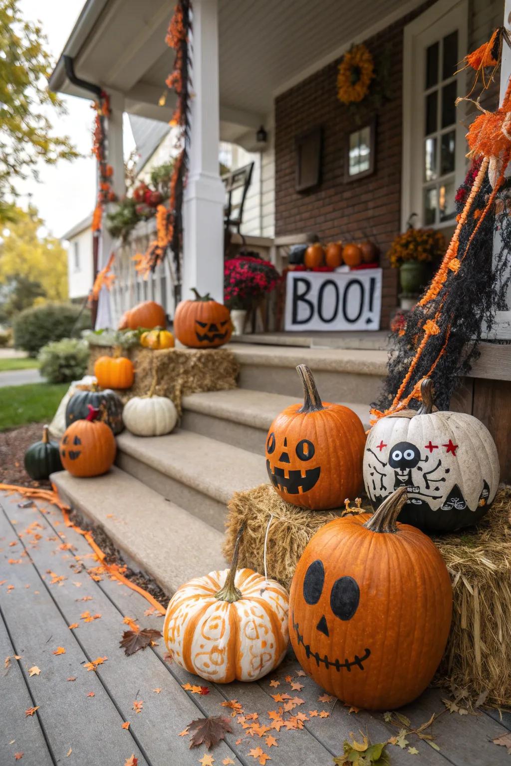 Greet guests with Halloween message pumpkins.