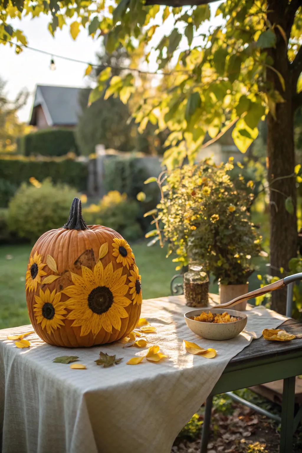 A cheerful sunflower pumpkin brightening up the fall garden.