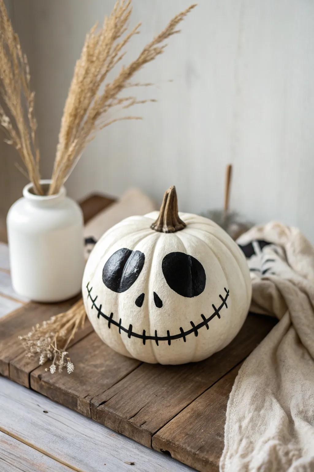 Unleash the Halloween spirit with a minimalist yet striking skeleton grin pumpkin.