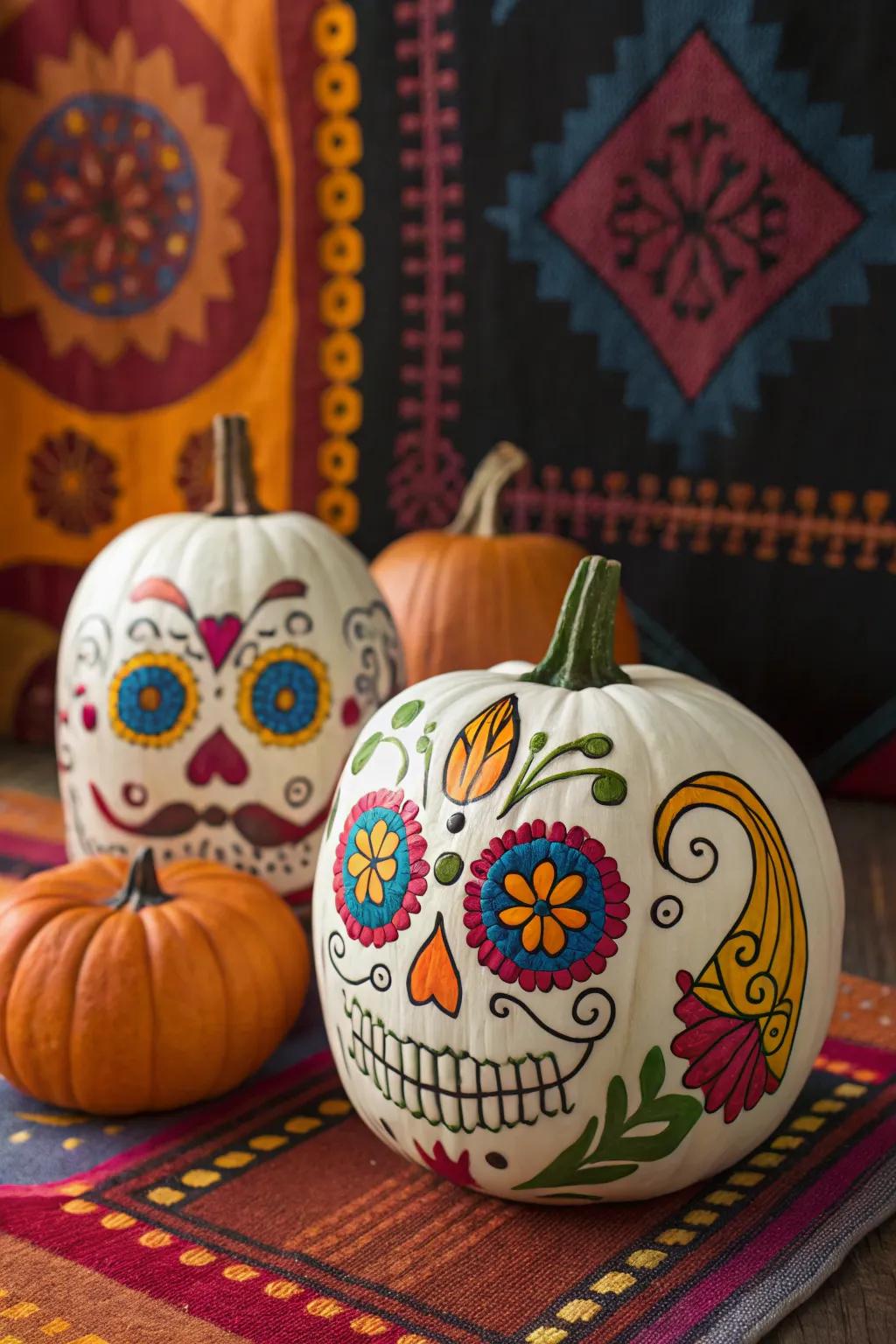 Honor tradition with sugar skull pumpkin designs inspired by the Day of the Dead.