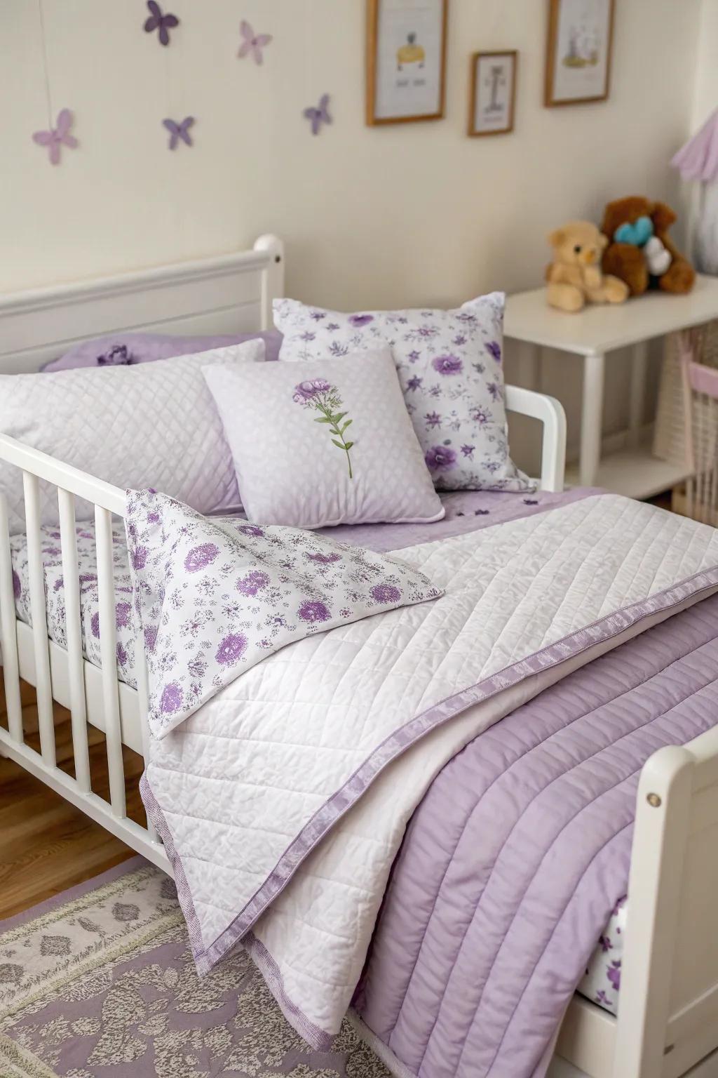 Subtle purple bedding accents tie the room together.