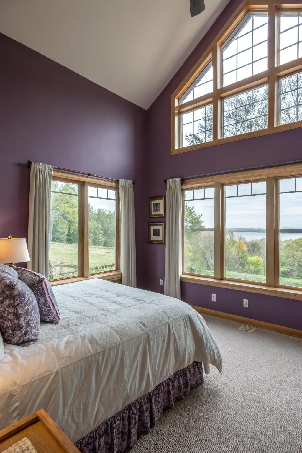 Sunlight amplifying the vibrancy of violet walls.