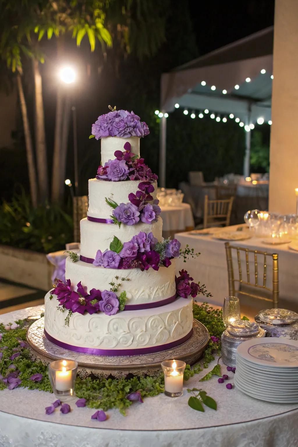 A wedding cake with violet touches is both beautiful and delightful.