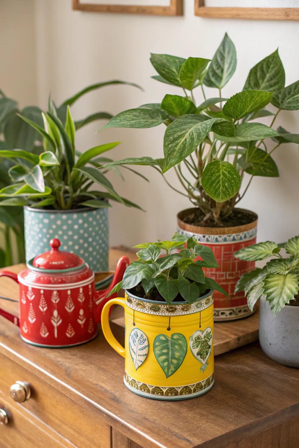 Houseplants in unusual pots such as teapots.
