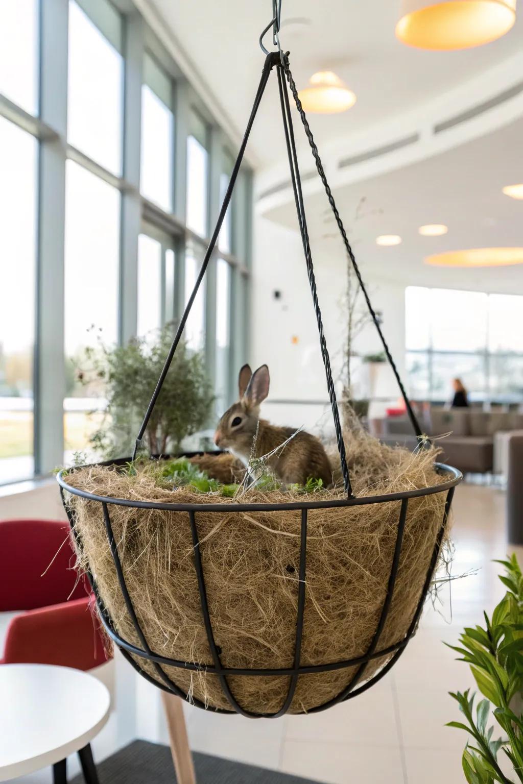 A hanging greenery basket cleverly repurposed for hay holding.