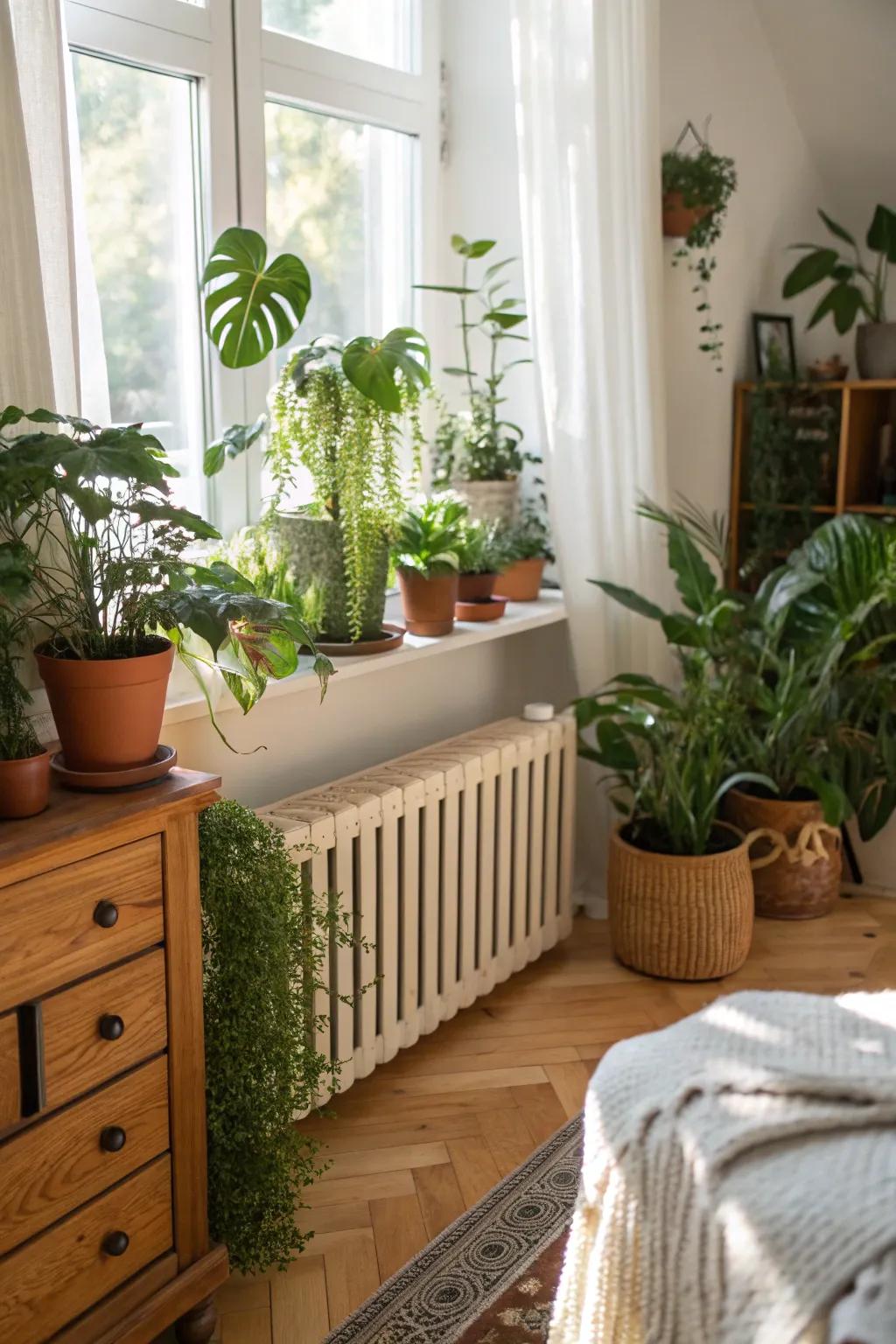 Potted plants set on a radiator enclosure infuse a fresh, organic vibe into the area.