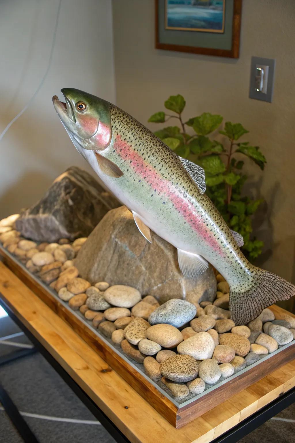 Natural stones enhance the natural feel of the rainbow trout display.