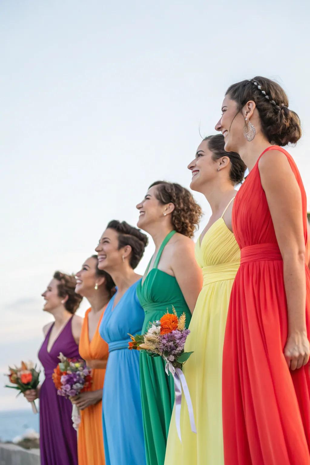 Bridesmaids radiate in a stunning display of rainbow-colored gowns.