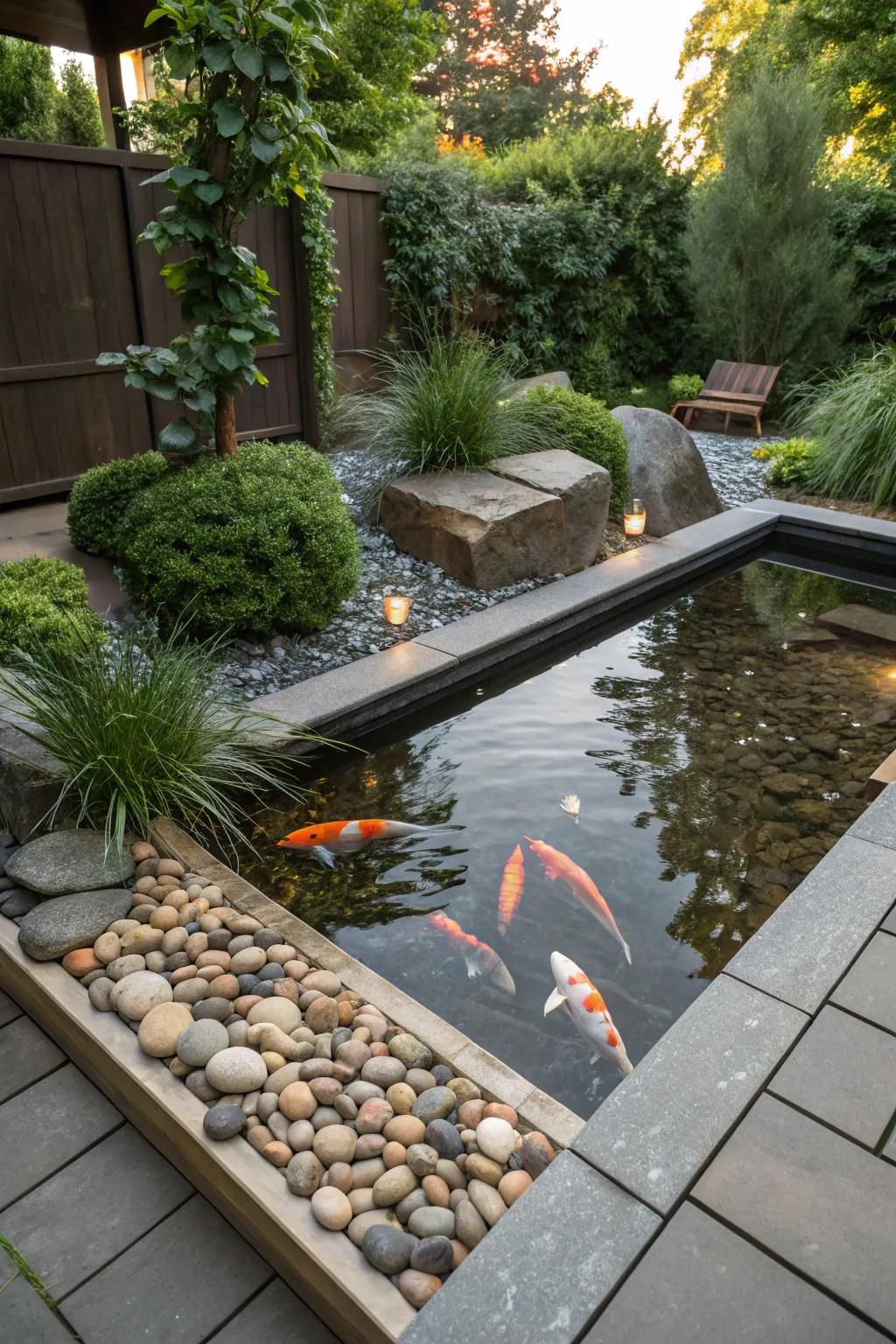 An unrefined habitat for koi with shingles and rocks.