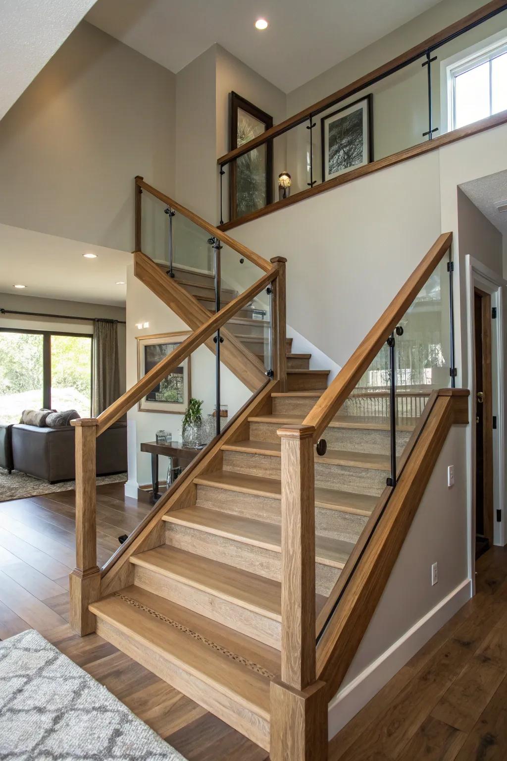 Open railings make the staircase in the entrance area look more spacious.