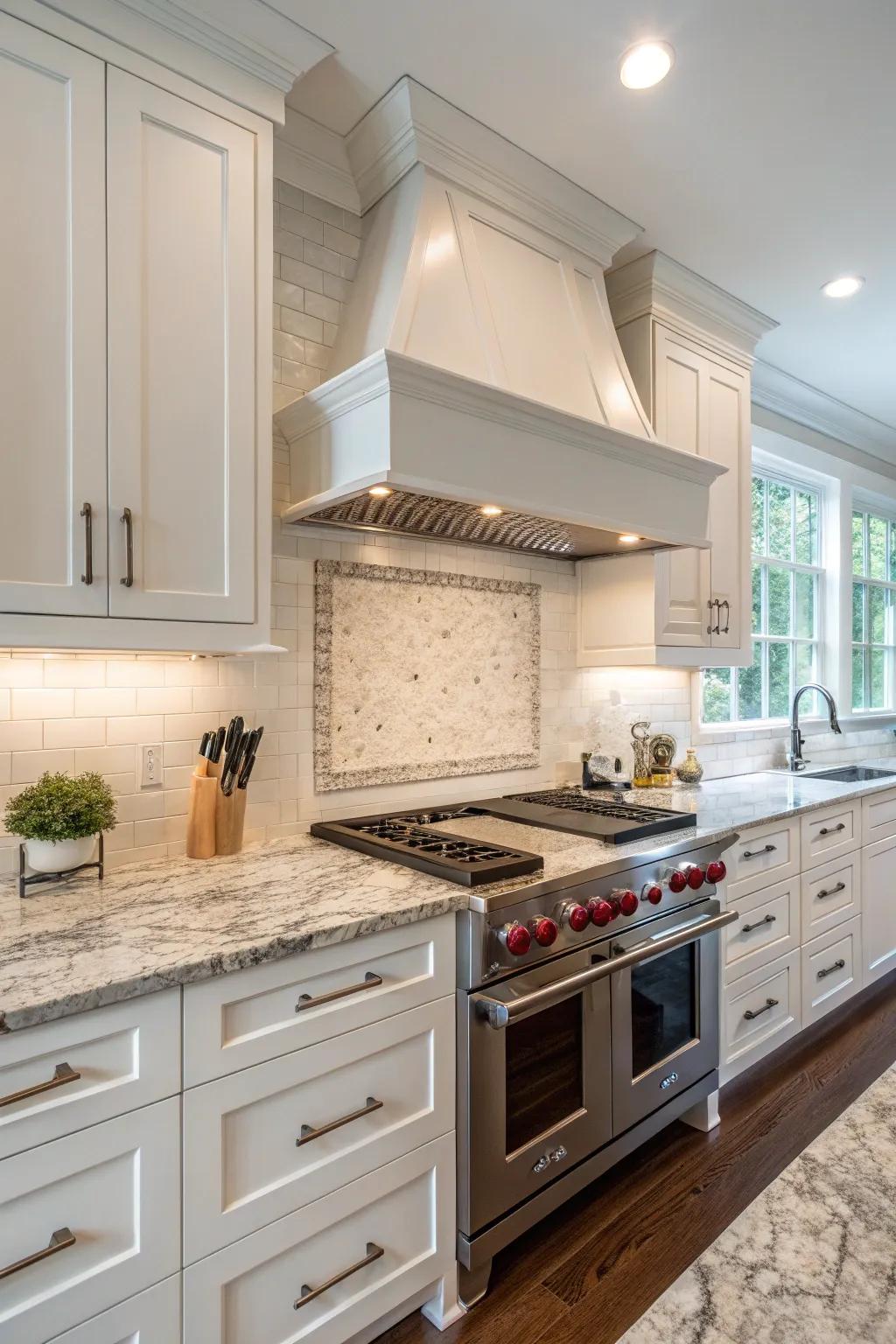 A kitchen with a fluid splash guard that extends over the vent hood for a unified aesthetic.