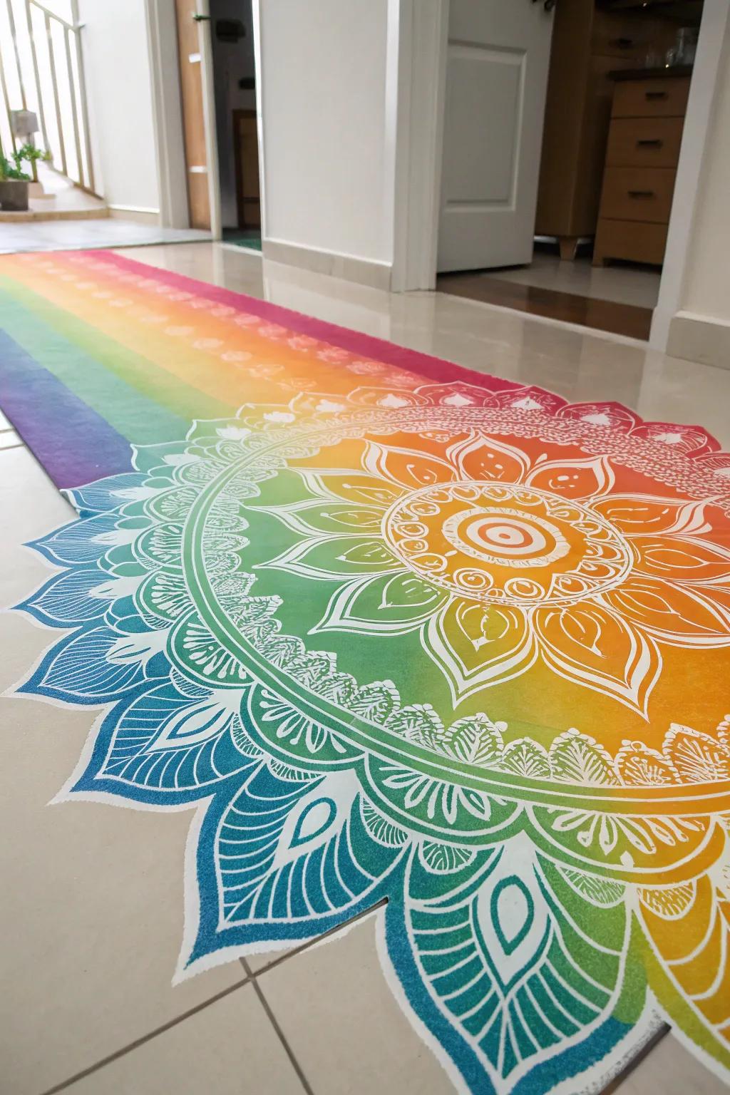 The gradient variation infuses a striking gradation and dimension to this floor art.