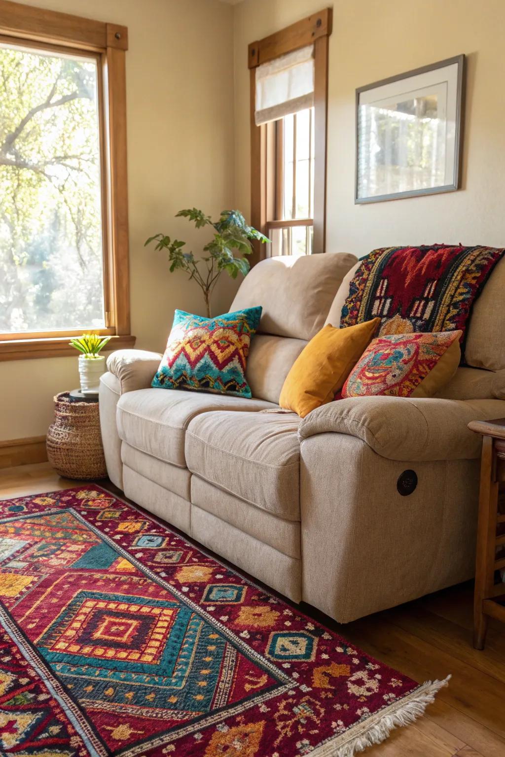An energetic living space where colorful accents complement the reclining sofa.