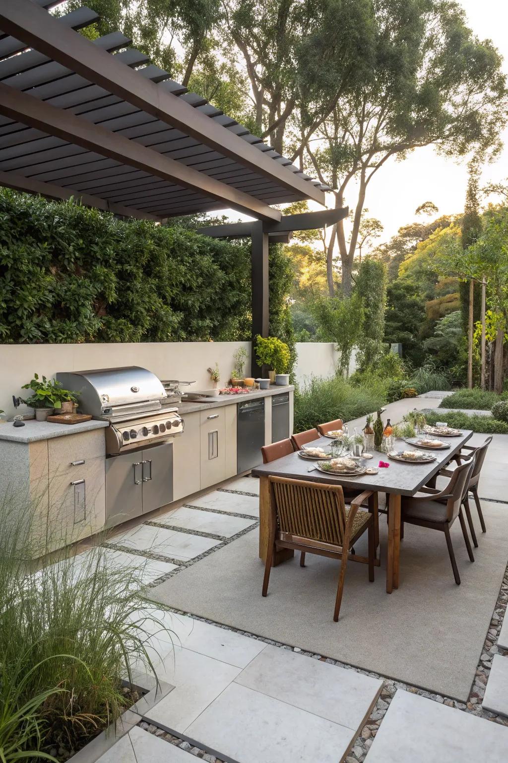 An outdoor kitchen streamlines hosting endeavors.