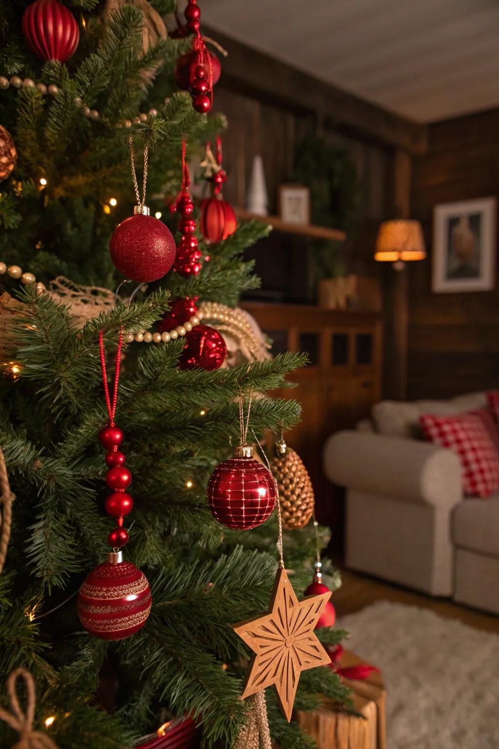 Nature-inspired Christmas tree with red wooden accents
