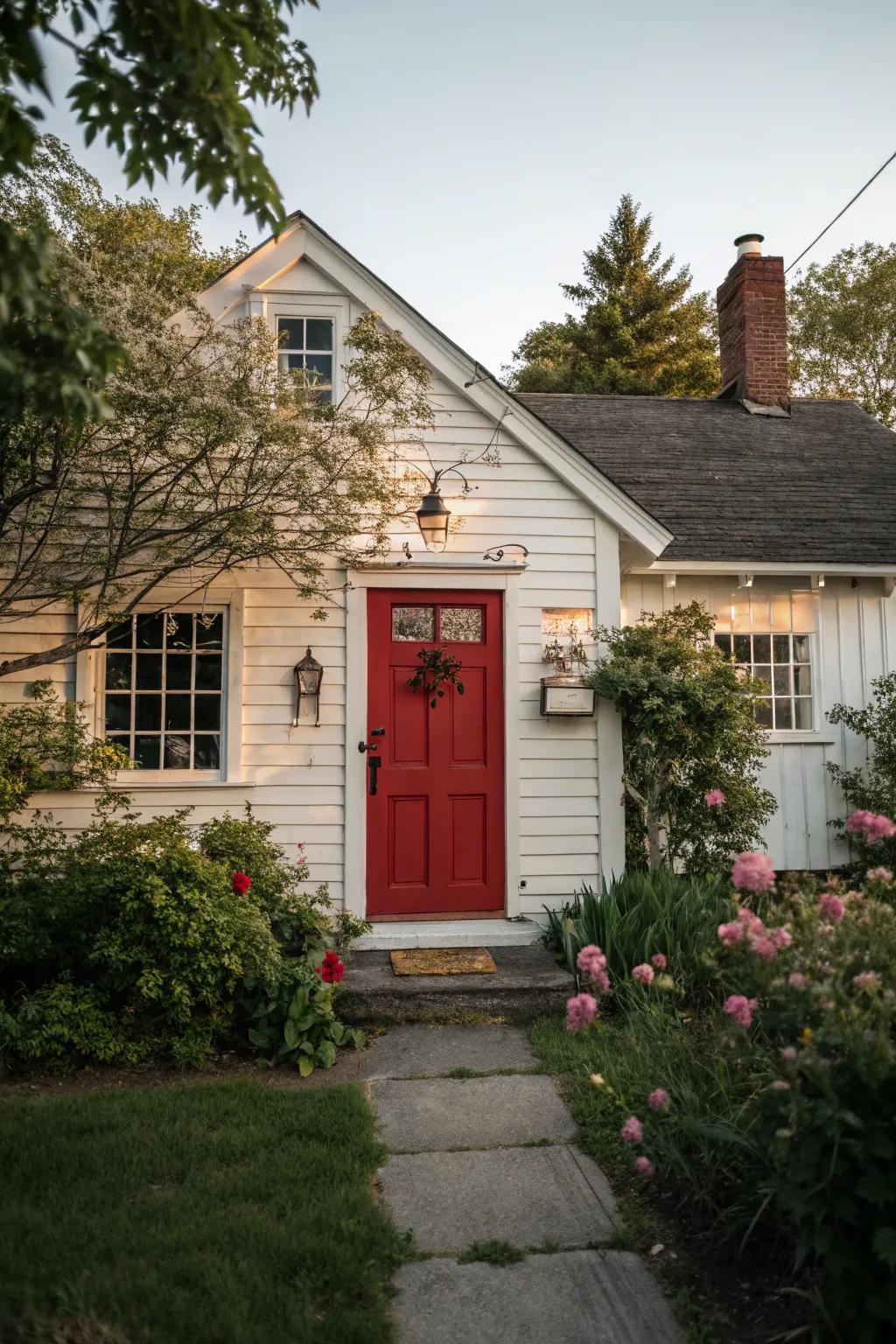 Charming cottage featuring a crimson door and classic accents.