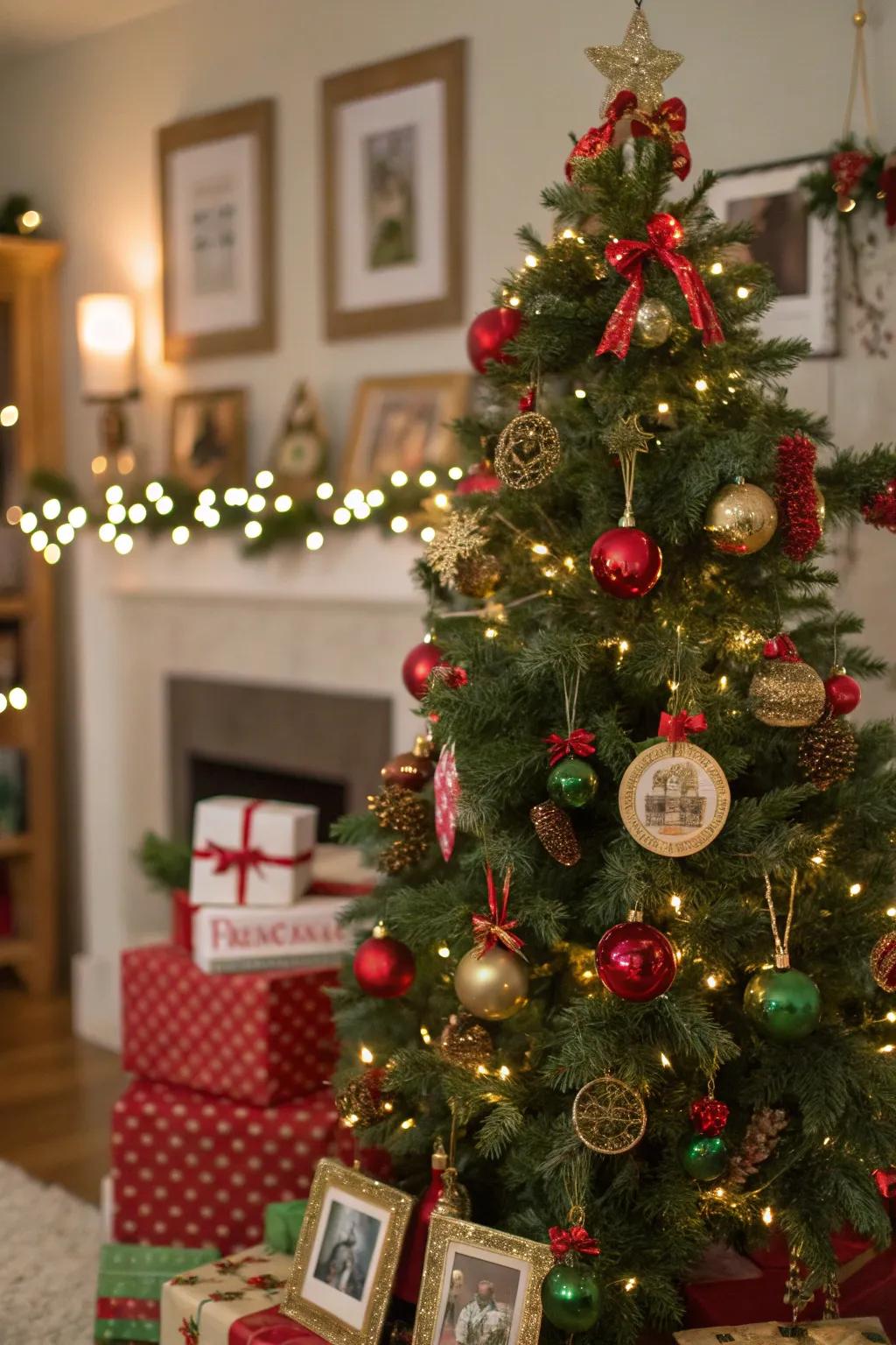 Meaningful ornaments contribute a personal touch to the festive decor.