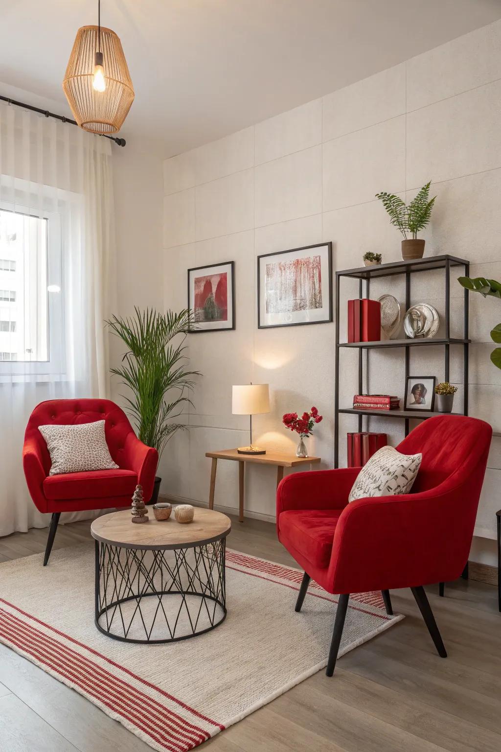 A modern-themed space with crimson accents for a daring and revitalizing look.