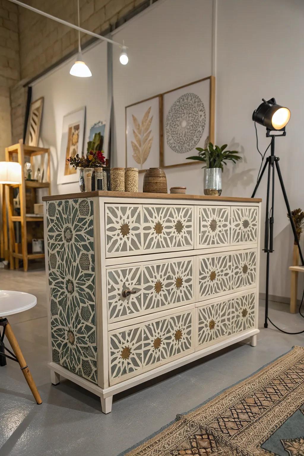 Stenciled patterns bring an artistic touch to your furniture.