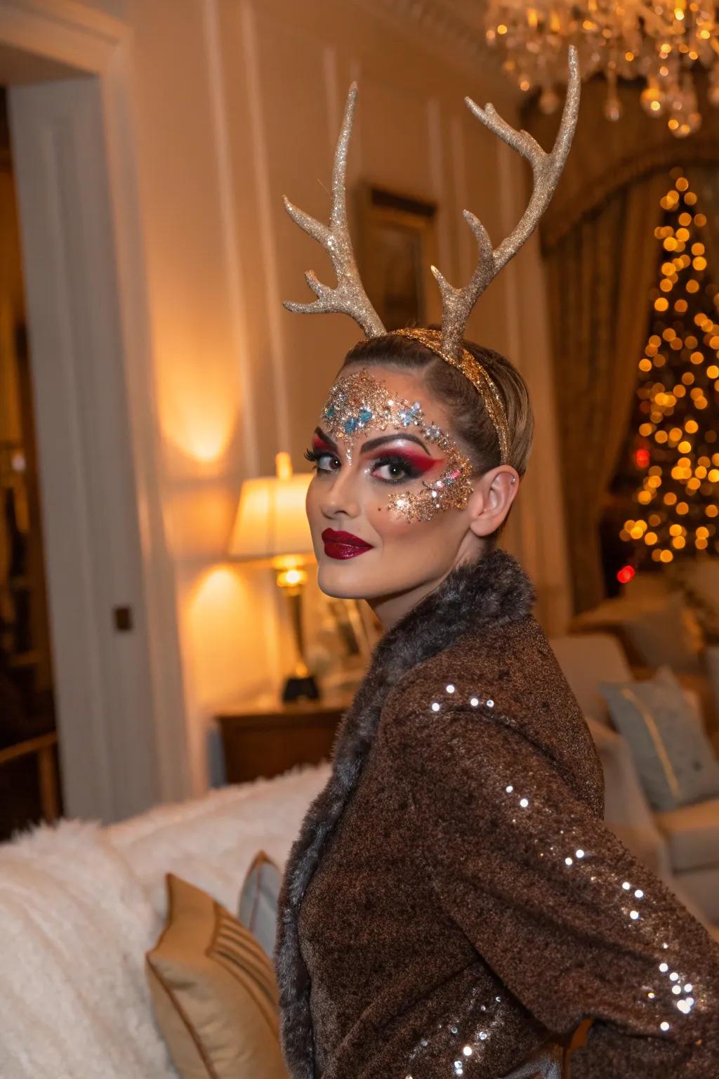 Glimmer and shimmer provide a glamorous feature to reindeer face artistry.