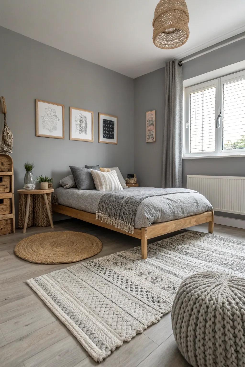 Layered carpets augment the cozy ambiance of a serenity shade bedroom.