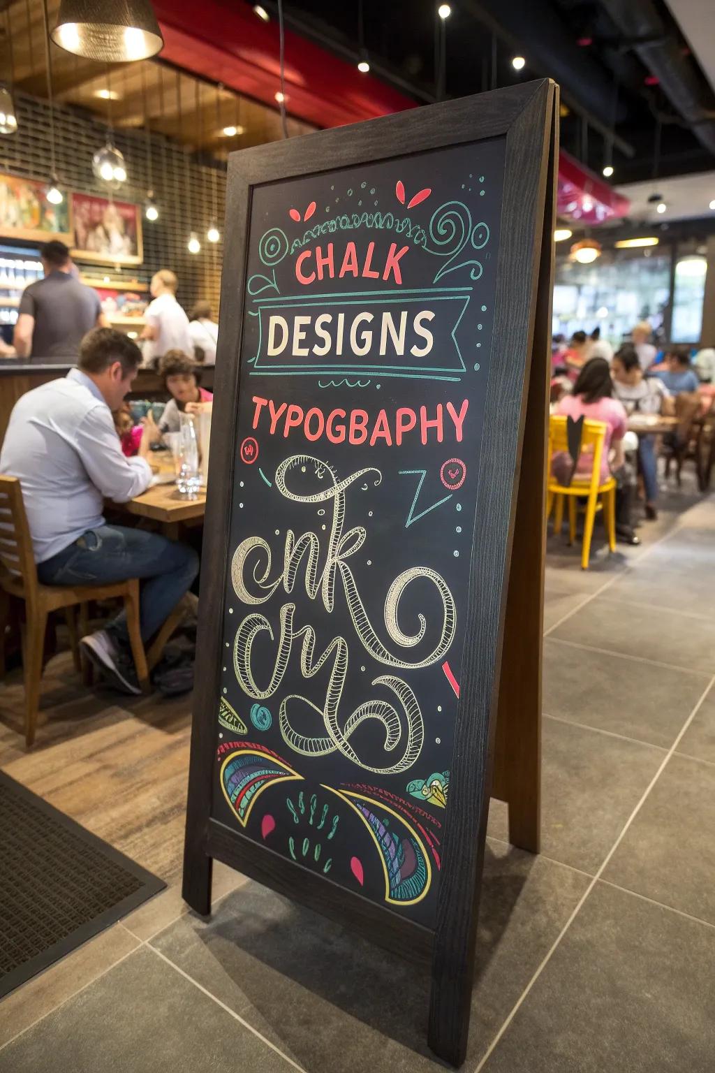 A vibrant chalkboard bursting with colorful designs and eye-catching typography.