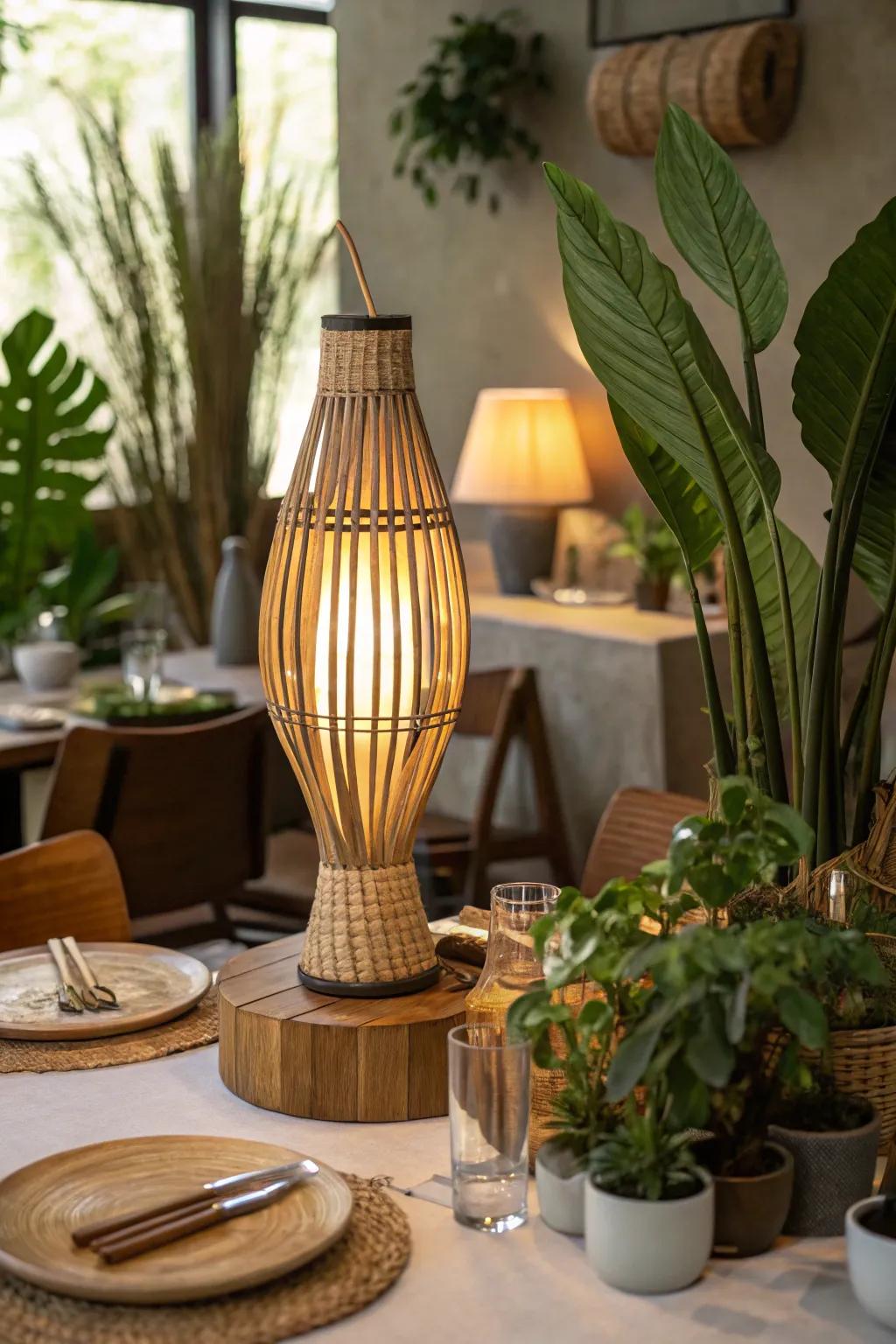 A bamboo table lamp sits on a restaurant table, surrounded by natural decor elements.