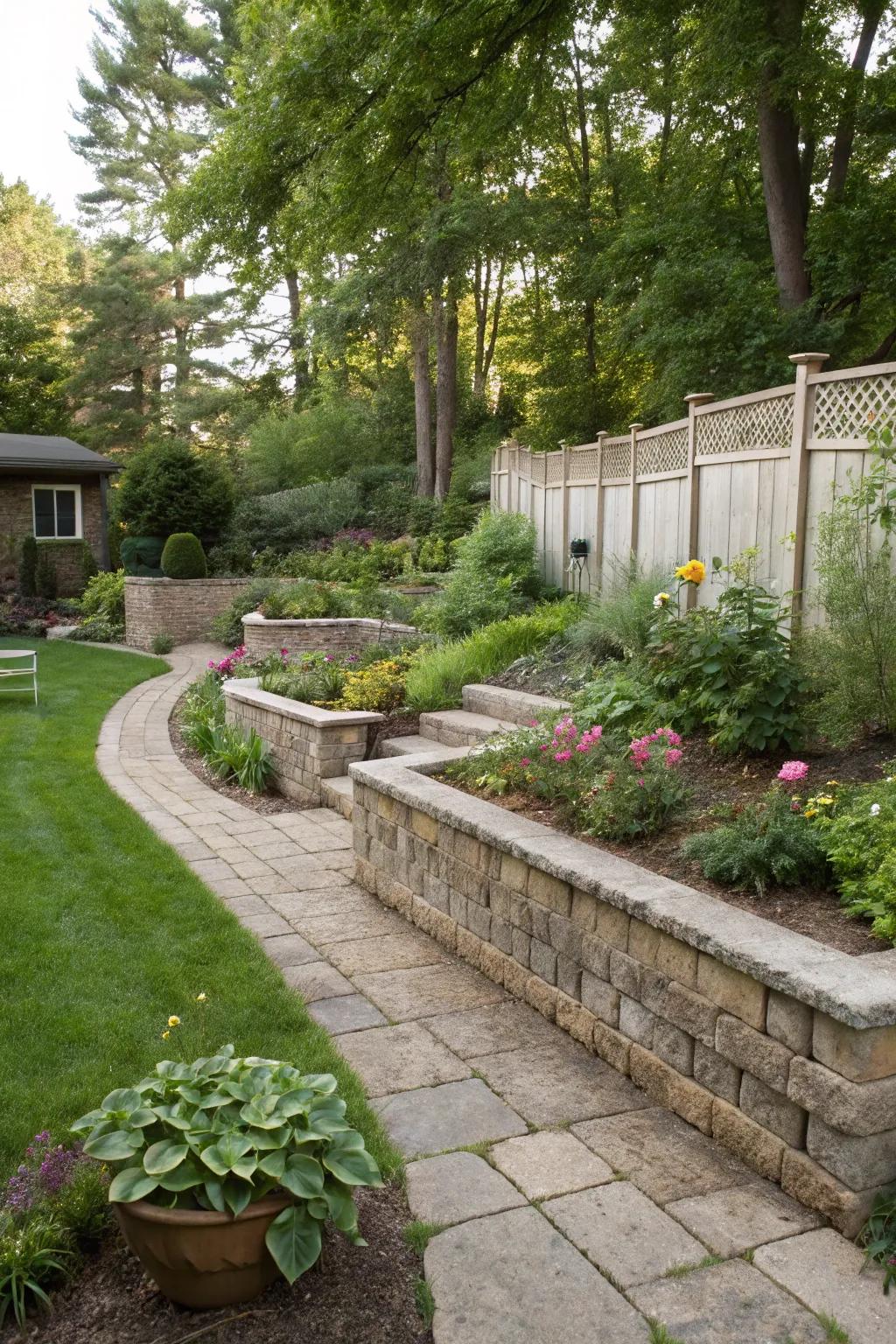 Supporting structures creating clear and elegant borders in a backyard garden.