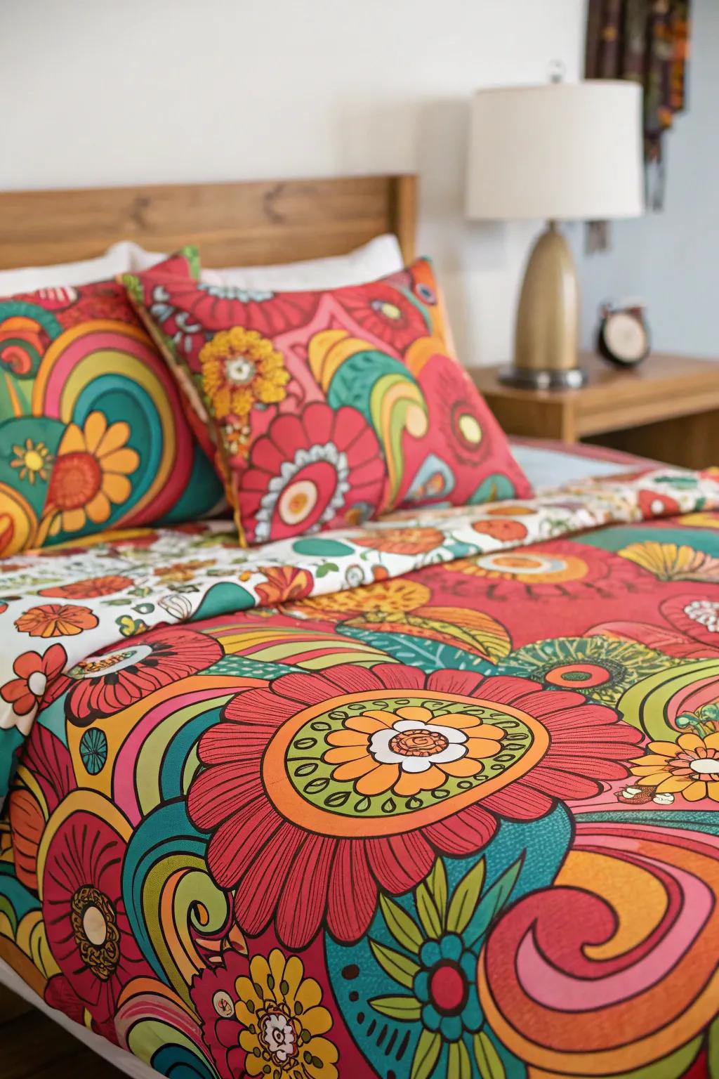 Bold bedding brings psychedelic flair.