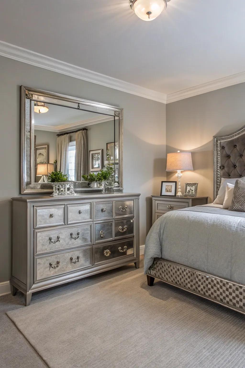 Mirrored accents add elegance and light to a Gentle Gray bedroom.