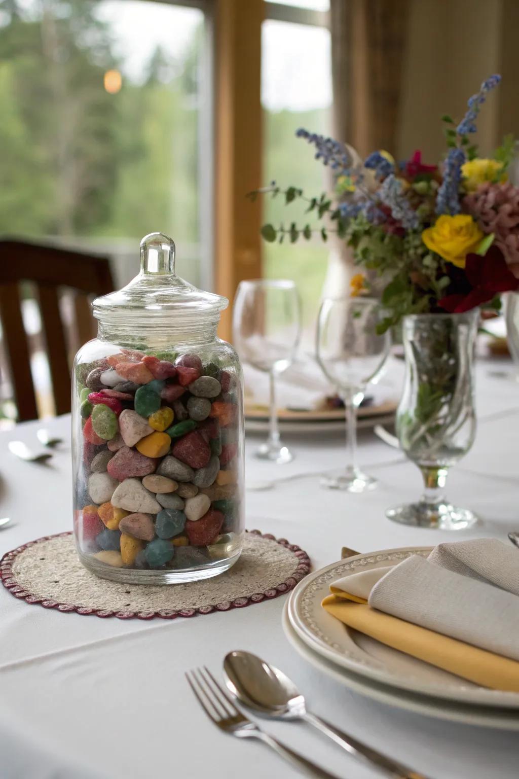 A glass jar filled with stones as an elegant centerpiece