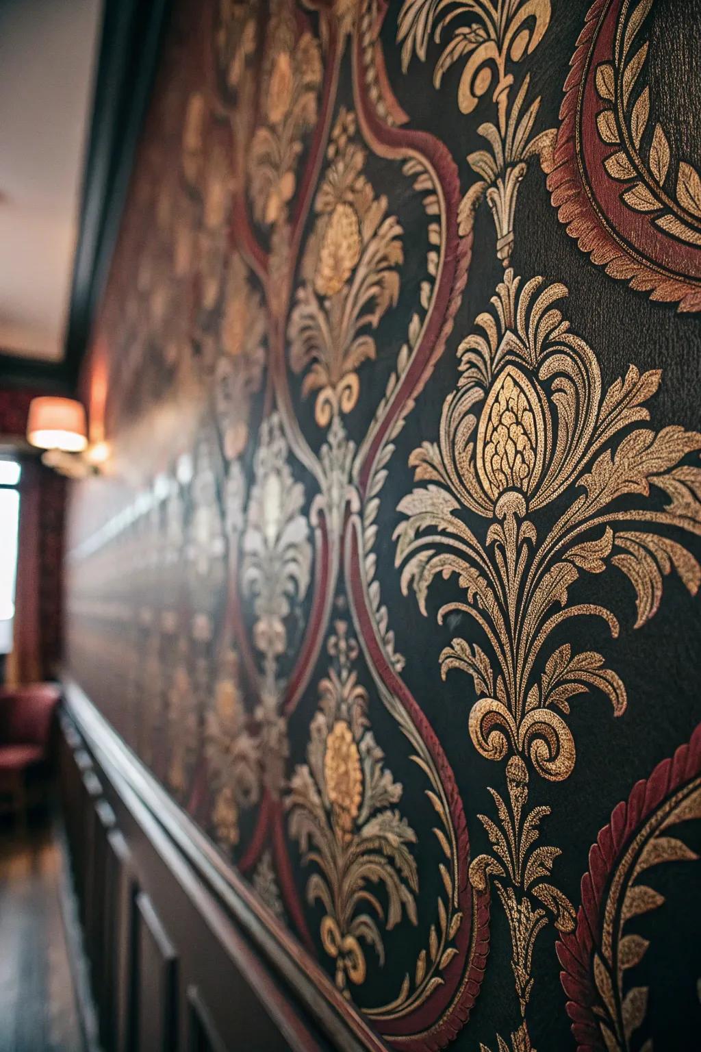 Ornate wallpapers inject depth and Regal Era charm into the sleeping quarters d&eacute;cor.