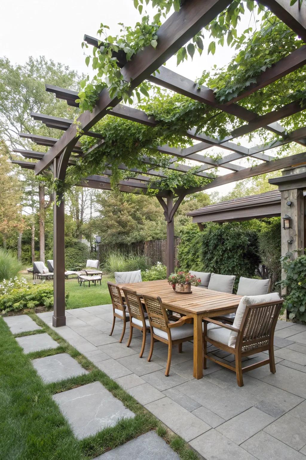 Lattice roofs extend elegant outdoor living sheltered from the sun.