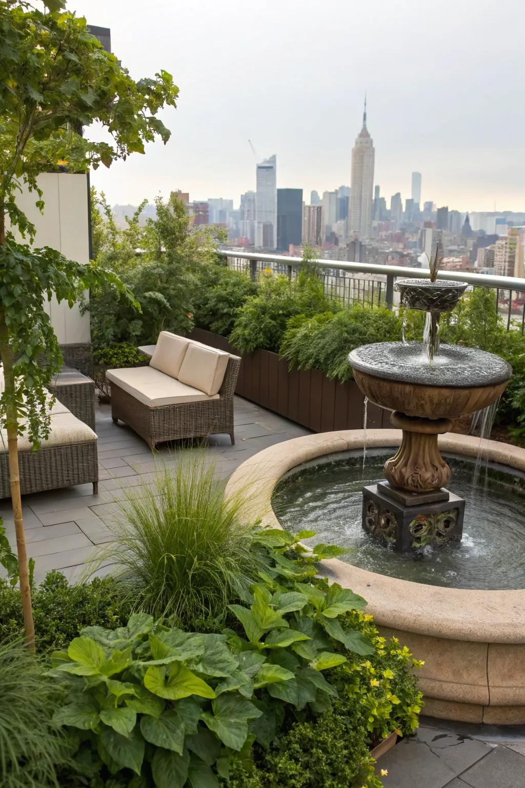 Aquatic accents infuse a serene element into your rooftop setting.
