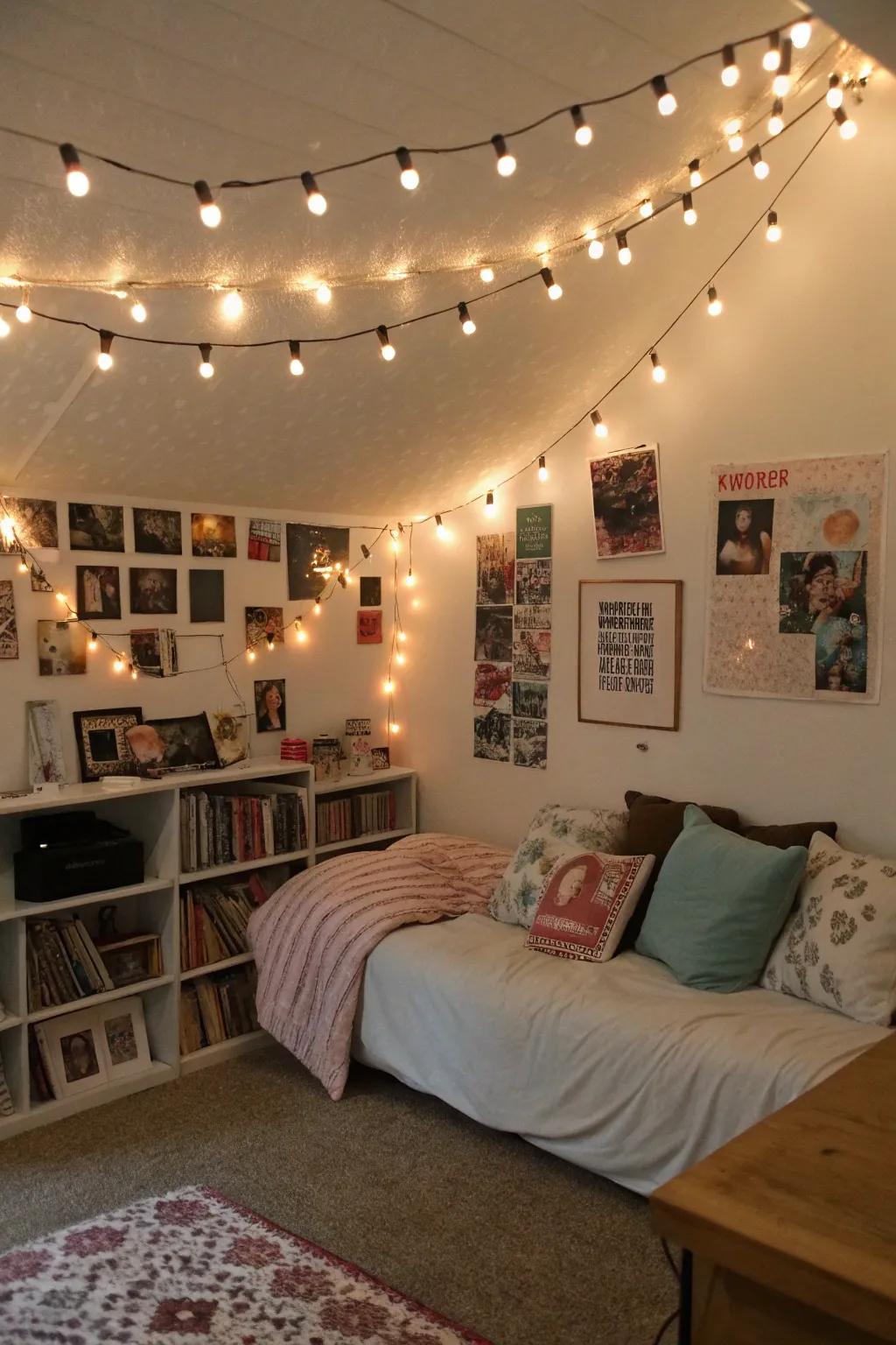 Atmospheric lighting transforms a room into a snug escape.