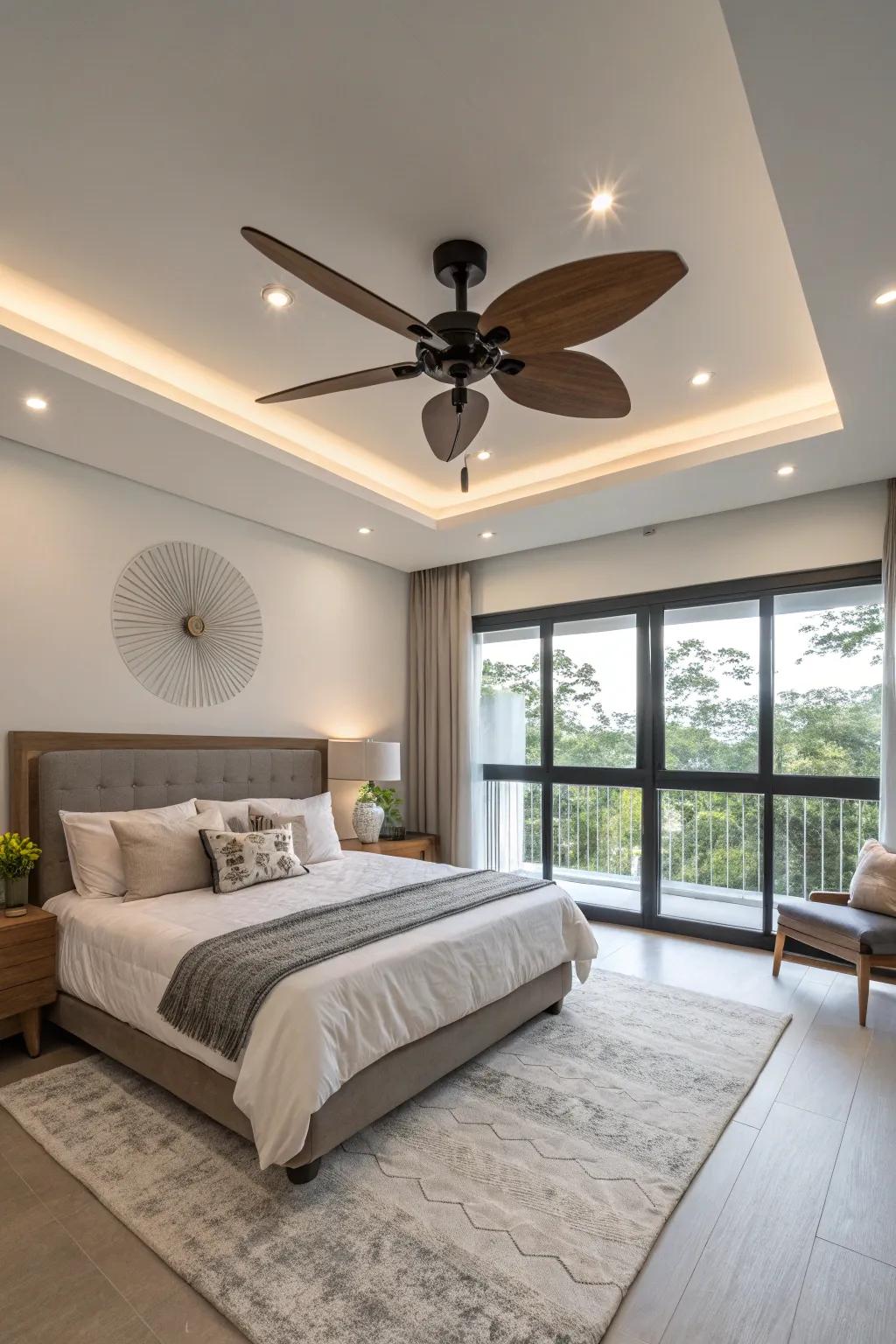 Dual-purpose design merging a ceiling fan and LED lights.