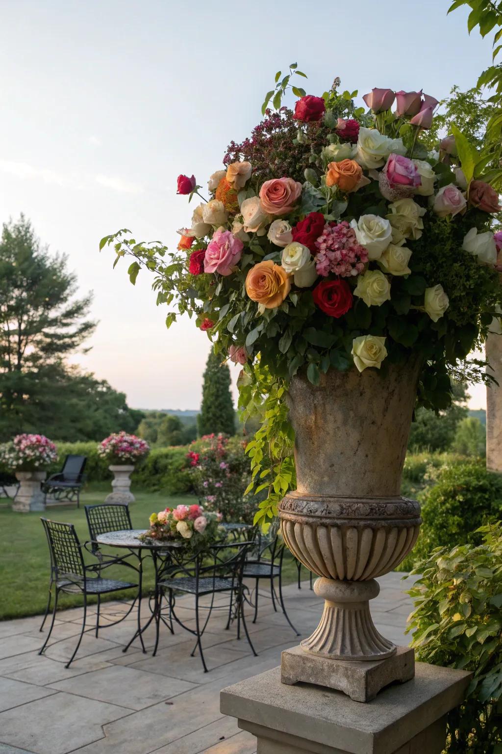 Garden soir&eacute;e grandeur by way of a sizable vase brimming with assorted roses.