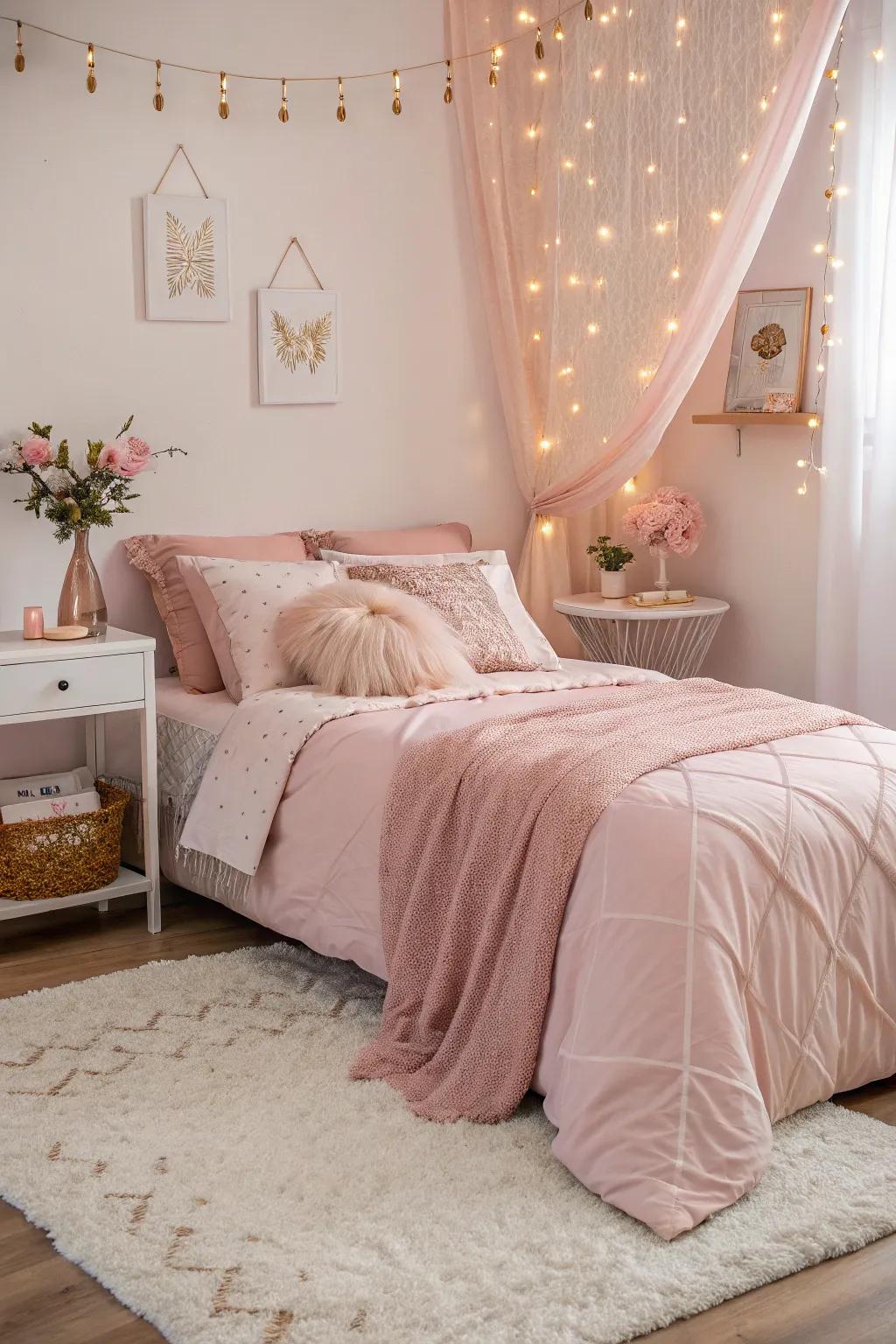 A dreamy bedroom featuring the soothing combination of pastel pinks and rose gold.