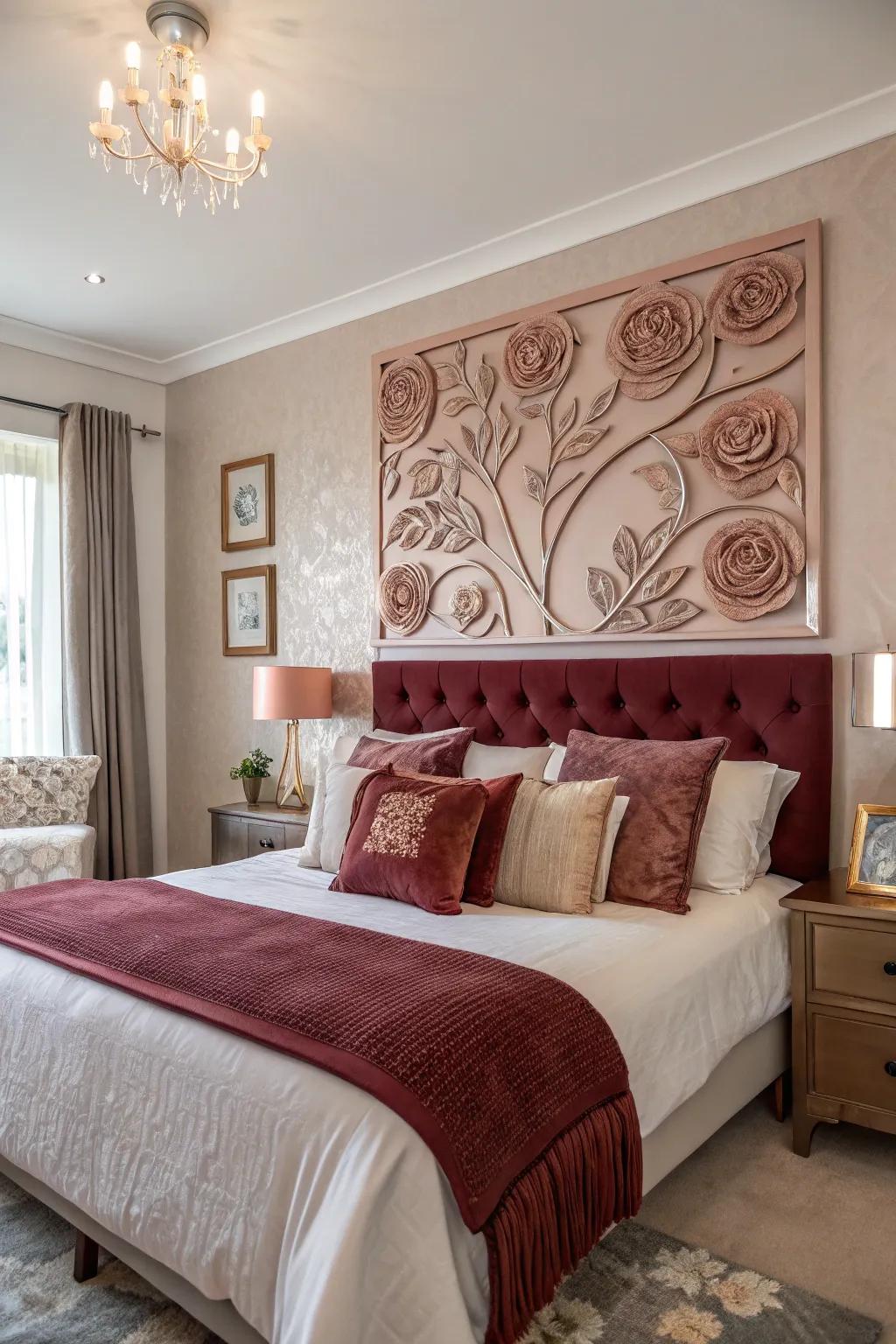 Rose gold wall art adds modern elegance and visual interest.
