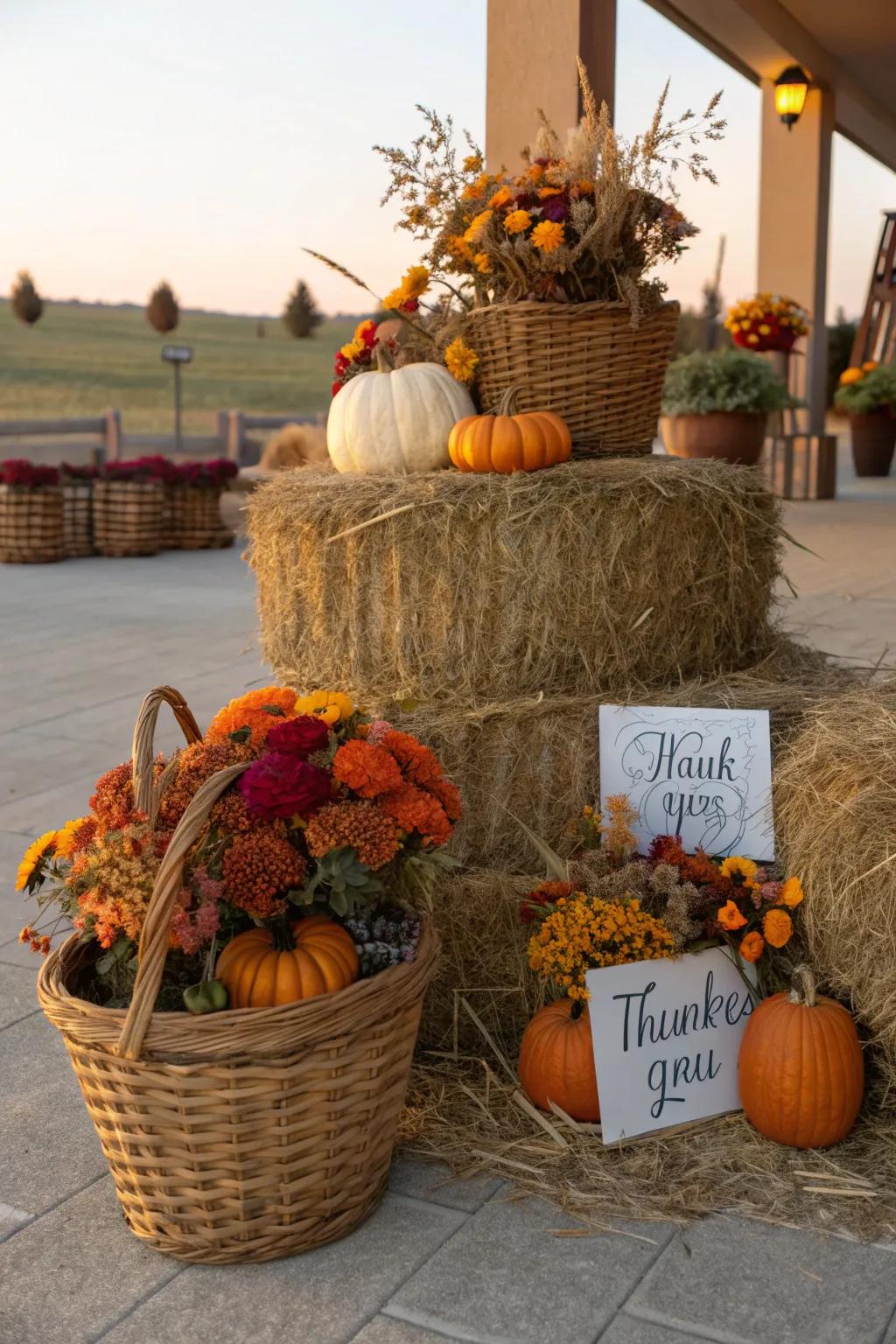 Celebrate the season of gratitude using a hay bale centerpiece that encapsulates the spirit of Thanksgiving.