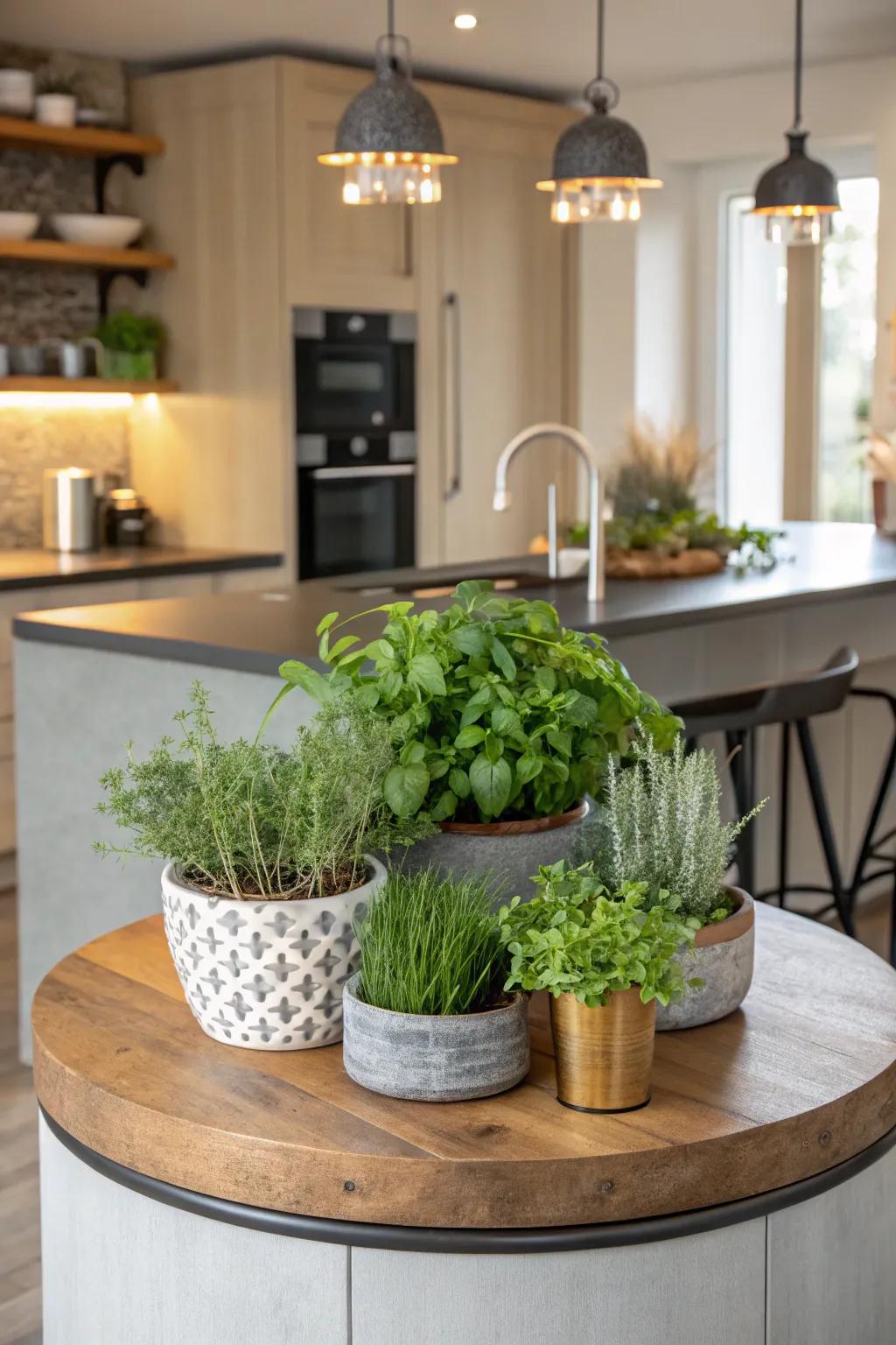 Vegetation introduces a refreshing touch to a circular kitchen centerpiece.