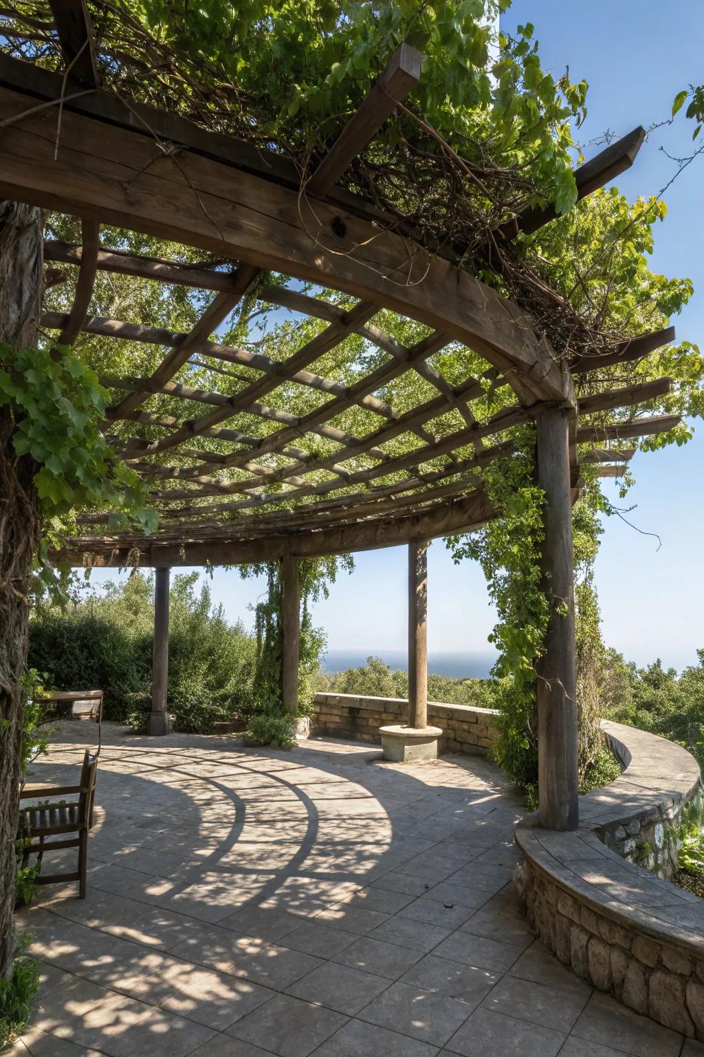 A pergola adds shade and style to this circular patio.