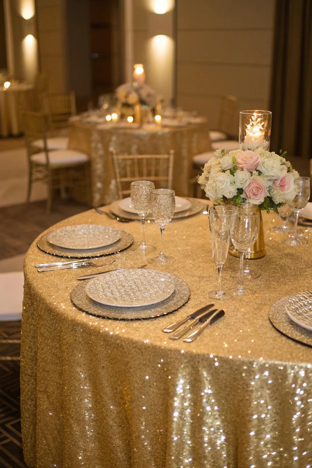 Opulent golden table covering for a glamorous wedding reception.