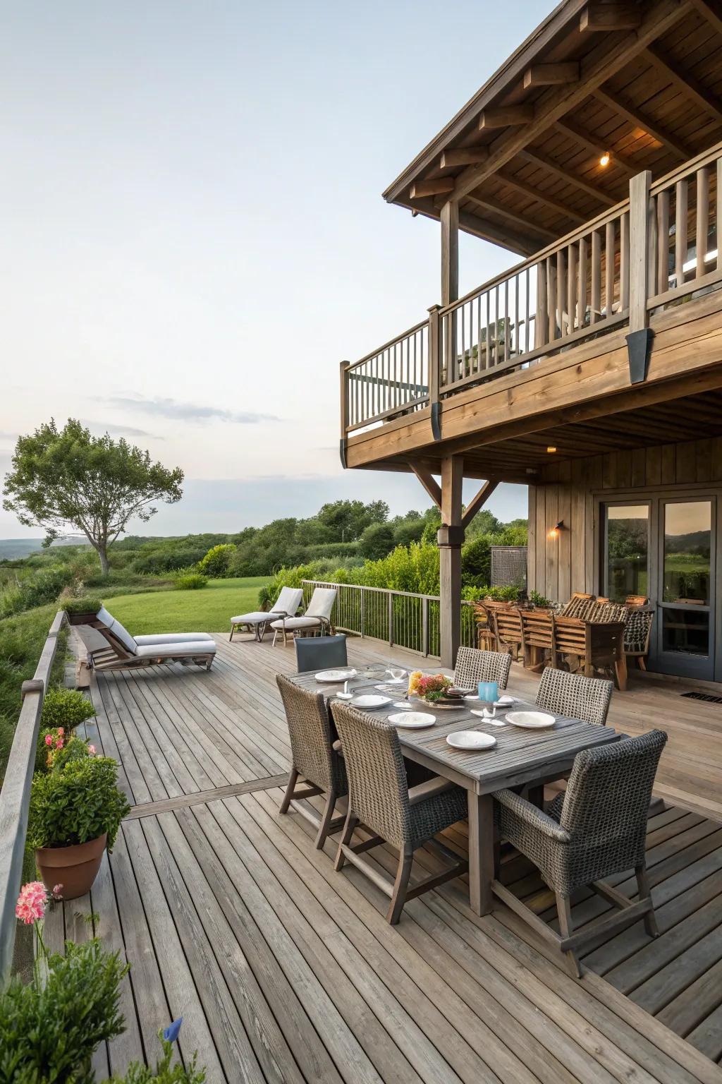 Multi-tiered configuration introduces dimension and versatility to this deck.