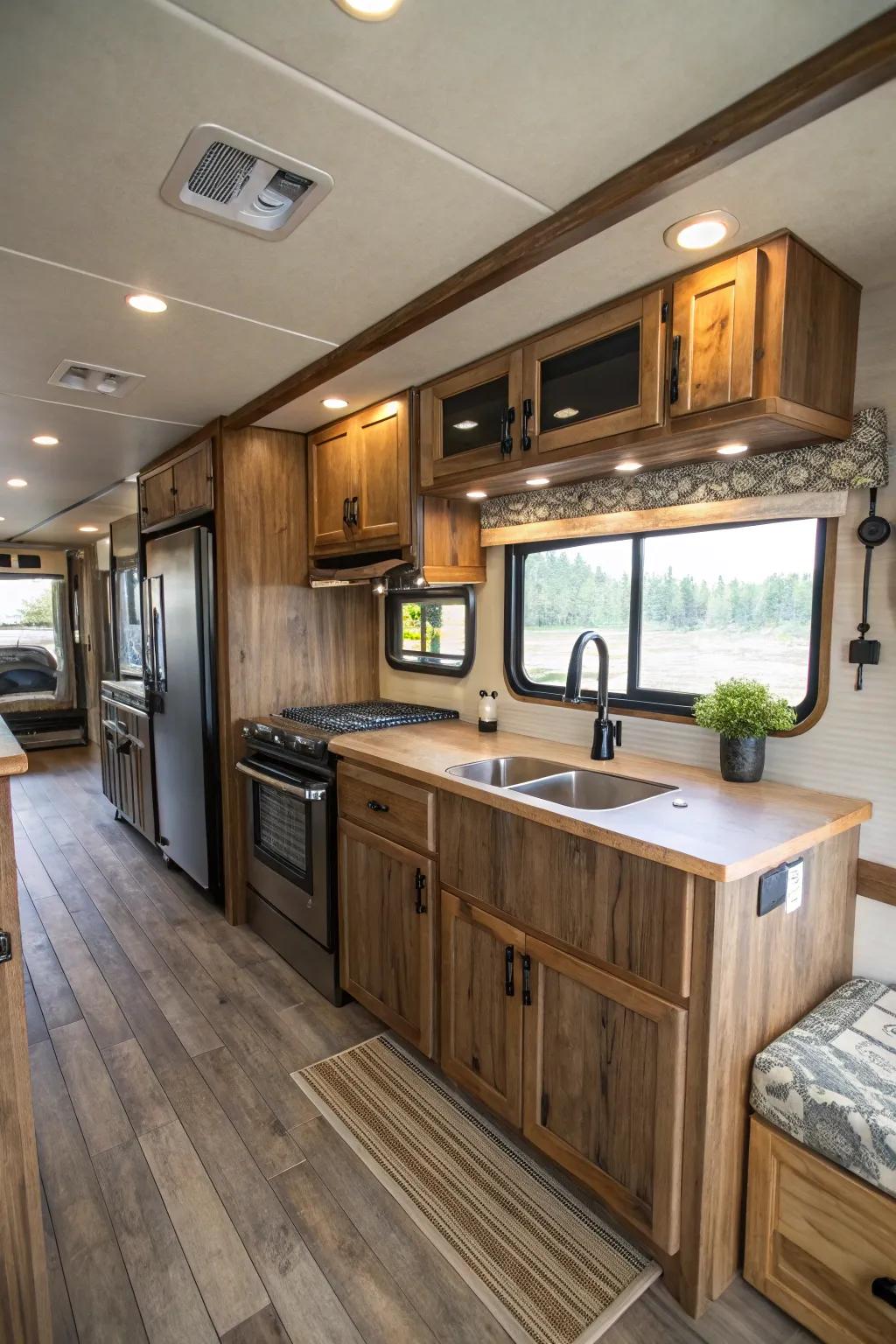 An elegant food prep area is central to a rustic mobile home.