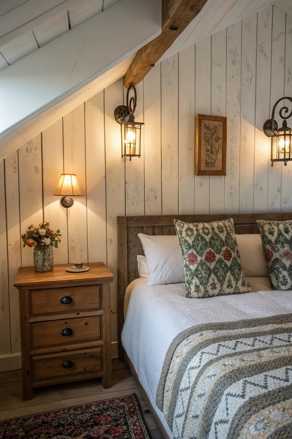 Gentle sconces add a comfy touch to this charming-style bedroom.